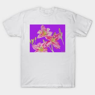 Pink Lily Flower Watercolor Painting Pattern - on Purple T-Shirt